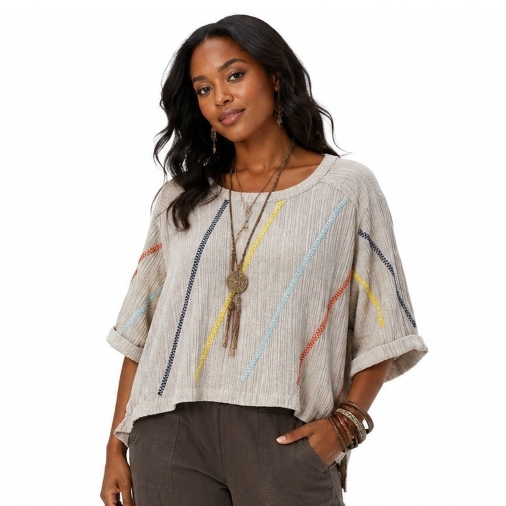 By Together Ribbed Knit Embroidered Zig Zag Boxy Top Beige Multi Color Size M